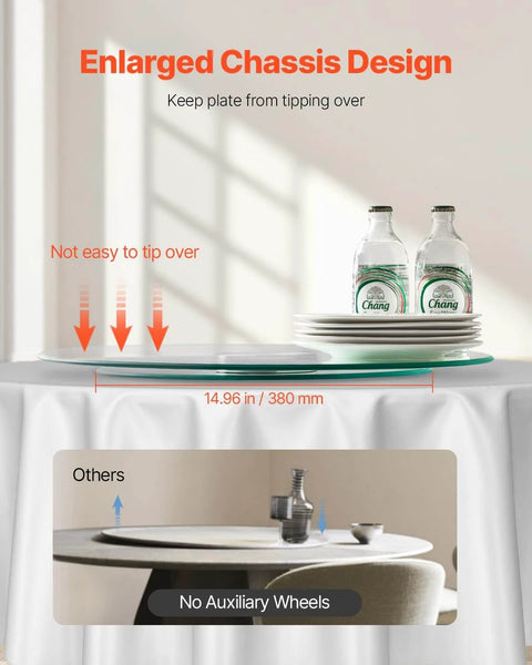 20 Inch Glass Lazy Susan Turntable showcasing enlarged chassis design, preventing tipping with two bottles and plates, clear tempered glass.