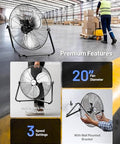 20 Inch Heavy Duty Floor And Wall Mount Fan For Industrial Cooling With 5750 CFM High Velocity Three Speed And 360 Degree Tilt Head Black UL Listed For Garage Workshop Office And Home