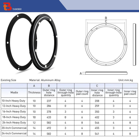 Diagram of 20 Inch Lazy Susan Bearing Base With 450 Lb Load Capacity, showing size specifications and aluminum alloy material.