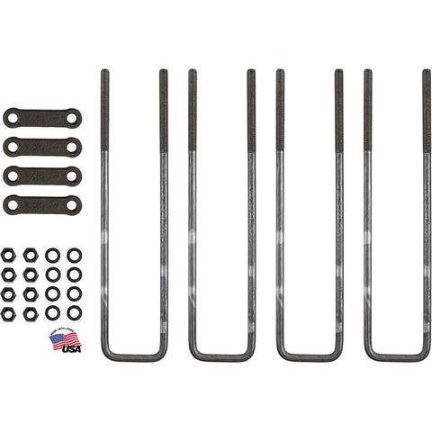 Secure your truck box with a complete 20 inch square bend U Bolt kit, including four 5/8 inch U bolts, tie bars, nuts, and washers