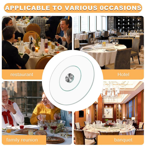 20 inch tempered glass lazy susan turntable with silent rotation, serving tray displayed in restaurant and banquet settings.