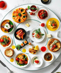 20 inch tempered glass lazy susan turntable with silent rotation, serving tray featuring assorted dishes for dining tables.