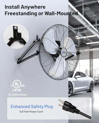 20 Inch Heavy Duty Floor And Wall Mount Fan For Industrial Cooling With 5750 CFM High Velocity Three Speed And 360 Degree Tilt Head Black UL Listed For Garage Workshop Office And Home shown wall-mounted in a garage setting with enhanced safety plug.