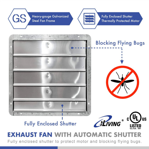20 Inch Wall Mounted Shutter Exhaust Fan With Automatic Shutter And Variable Speed Controller Thermostat 3368 CFM For Up To 5000 Sq Ft Coverage Silver Heavy Duty Industrial Ventilation front view