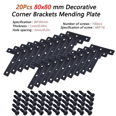 20 Pack Stainless Steel T Flat Shape Corner Brackets 80x80mm with screws for wood furniture repair and renovation.