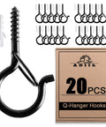 Package of 20 Q-Hanger Hooks with wall anchors, including a close-up of a single hook demonstrating the screw and hook design.