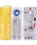 20-Piece 1/4 Inch NPT Air Tool Kit with a 25 ft coil nylon hose and tire gauge delivers fast inflation, shown in packaging.