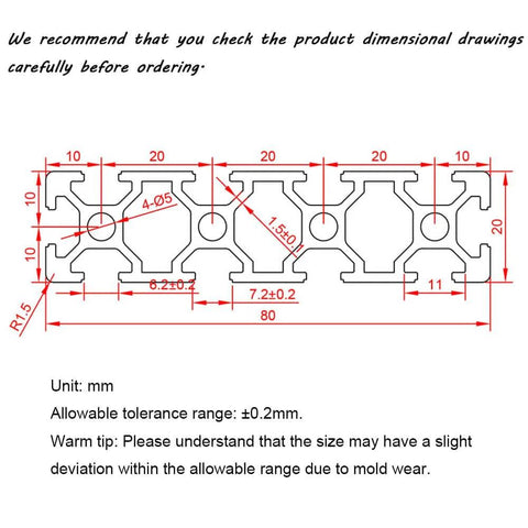 Technical drawing of 2 Pack 20 Series T Slot 2080 Aluminum Extrusion Profile 39.4 Inches European Standard Anodized Linear Rail