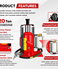 Heavy Duty 20 Ton Air Hydraulic Bottle Jack With Pneumatic Pump Ten And A Quarter Inch To Twenty Inch Lift Range Manual Handle Welded Steel Construction Chrome Piston Rod Includes Color Box For Cars Trucks RVs Auto Repair