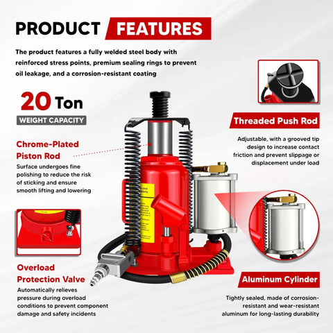 Heavy Duty 20 Ton Air Hydraulic Bottle Jack With Pneumatic Pump Ten And A Quarter Inch To Twenty Inch Lift Range Manual Handle Welded Steel Construction Chrome Piston Rod Includes Color Box For Cars Trucks RVs Auto Repair