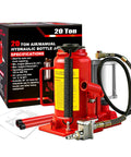 Heavy Duty 20 Ton Air Hydraulic Bottle Jack With Pneumatic Pump Ten And A Quarter Inch To Twenty Inch Lift Range Manual Handle Welded Steel Construction Chrome Piston Rod Includes Color Box For Cars Trucks RVs Auto Repair