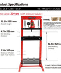 Diagram of a 20 Ton H-Frame Garage Floor Adjustable Shop Press showing dimensions and features
