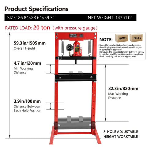 Diagram of a 20 Ton H-Frame Garage Floor Adjustable Shop Press showing dimensions and features