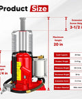 Heavy Duty 20 Ton Air Hydraulic Bottle Jack With Pneumatic Pump Ten And A Quarter Inch To Twenty Inch Lift Range Manual Handle Welded Steel Construction Chrome Piston Rod Includes Color Box For Cars Trucks RVs Auto Repair diagram showing jack specifications including size and height measurements on a red background.