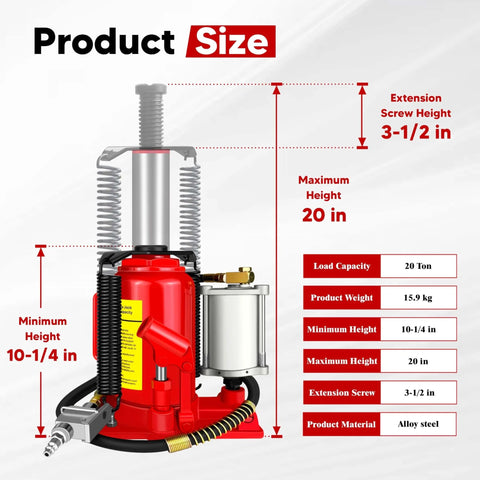 Heavy Duty 20 Ton Air Hydraulic Bottle Jack With Pneumatic Pump Ten And A Quarter Inch To Twenty Inch Lift Range Manual Handle Welded Steel Construction Chrome Piston Rod Includes Color Box For Cars Trucks RVs Auto Repair diagram showing jack specifications including size and height measurements on a red background.