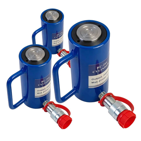 Three blue 20 Ton Hydraulic Cylinder Ram Single Acting 4 Inch Stroke jacks with red caps, front view, highlighting size and design.