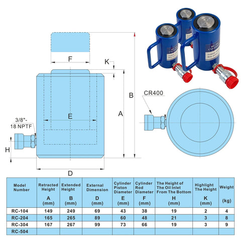 Diagram of 20 Ton Hydraulic Cylinder Ram Single Acting 4 Inch Stroke 20T Hydraulic Cylinder Jack Lifting Jack Ram Portable with specifications.