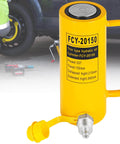 20 Ton Solid Ram Hydraulic Cylinder Jack With 6 Inch Stroke Portable Quick Connector Single Acting Lifting Cylinder For Heavy Duty Auto Shop Use VEVOR showing side view with yellow body and handle beside a vehicle, visible details include power and travel specifications.