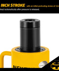 Close-up of 20 ton Hydraulic Hollow Jack Cylinder 2’’ Stroke Porta Power Ram Retract Automatically, yellow body with text.