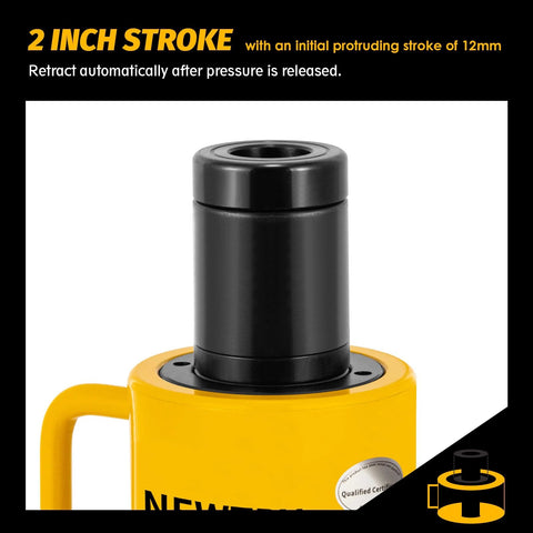 Close-up of 20 ton Hydraulic Hollow Jack Cylinder 2’’ Stroke Porta Power Ram Retract Automatically, yellow body with text.