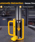Heavy Duty 20 Ton Hydraulic Jack With 4 Inch Stroke Porta Power Ram shown on a workbench with yellow finish and auto retract feature