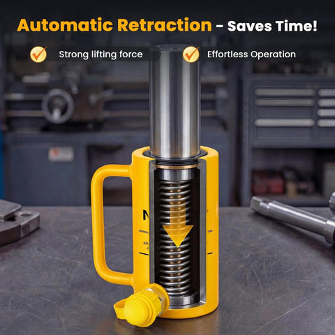 Heavy Duty 20 Ton Hydraulic Jack With 4 Inch Stroke Porta Power Ram shown on a workbench with yellow finish and auto retract feature
