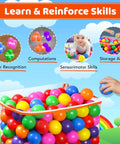 200 Ball Pit Balls for Toddlers with Storage Bag - 7 Bright Colors, educational play benefits shown with storage and use