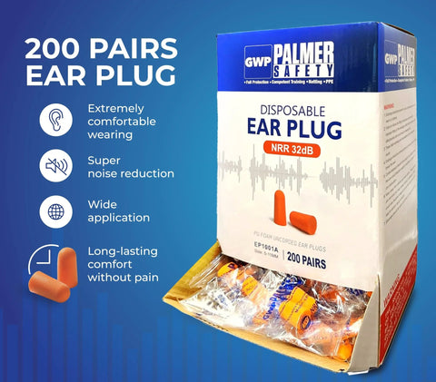 Disposable Ear Plugs Pack Of 200 Pairs With 32 dB Noise Reduction Soft Foam Comfort Hearing Protection box