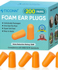 200 Pairs Foam Ear Plugs With 32dB Noise Reduction for sleep, travel, and construction, shown with packaging and ear plugs.