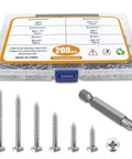 200 Pcs #6 Wood Screws Assortment Kit Made from 304 Stainless Steel featuring pan head screws and screwdriver bit.