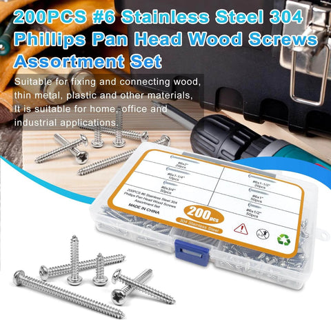200 Pcs #6 Wood Screws Assortment Kit Made from 304 Stainless Steel Featuring Pan Head Self Tapping Sheet Metal Screws with case.
