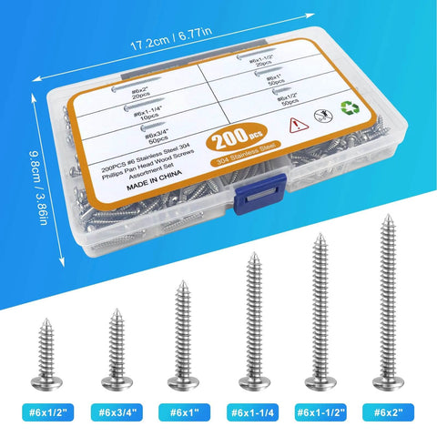 200 Pcs #6 Wood Screws Assortment Kit Made from 304 Stainless Steel Featuring Pan Head Self Tapping Sheet Metal Screws in 6 Lengths