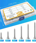 200 Pcs #8 Wood Screws Assortment Kit Made from 304 Stainless Steel Featuring Pan Head Self Tapping Sheet Metal Screws in 6 Lengths shown in packaging.