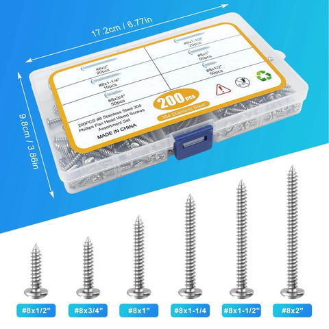 200 Pcs #8 Wood Screws Assortment Kit Made from 304 Stainless Steel Featuring Pan Head Self Tapping Sheet Metal Screws in 6 Lengths shown in packaging.