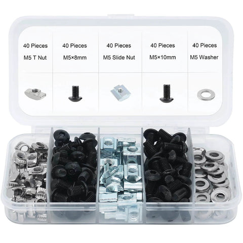 200 Pcs M5 T Slot Nut Kit for 2020 Series Aluminum Extrusion Profile Frames, including nuts, screws, and washers in black finish.