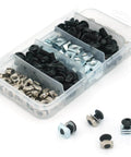 200 Pcs M5 T Slot Nut Kit for 2020 Series Aluminum Extrusion Profile Frames in storage box, featuring black and silver hardware.