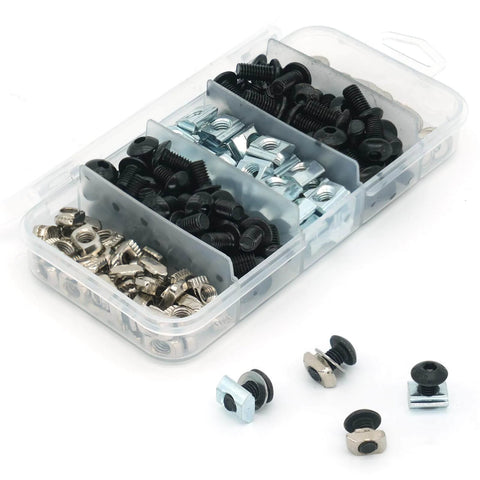 200 Pcs M5 T Slot Nut Kit for 2020 Series Aluminum Extrusion Profile Frames in storage box, featuring black and silver hardware.