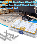 200 Pcs #8 Wood Screws Assortment Kit Made from 304 Stainless Steel Featuring Pan Head Self Tapping Sheet Metal Screws with packaging.