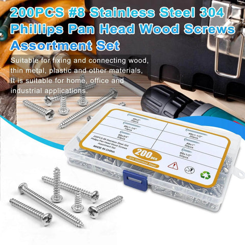 200 Pcs #8 Wood Screws Assortment Kit Made from 304 Stainless Steel Featuring Pan Head Self Tapping Sheet Metal Screws with packaging.
