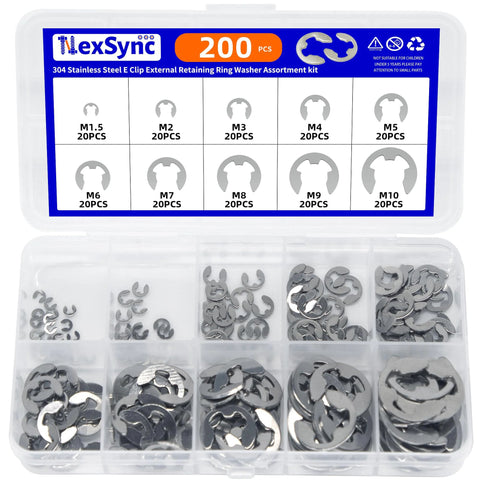 200 Piece Metric E Clips Assortment Kit With 304 Stainless External Retaining Rings M1.5 To M10 Circlips displayed in a case