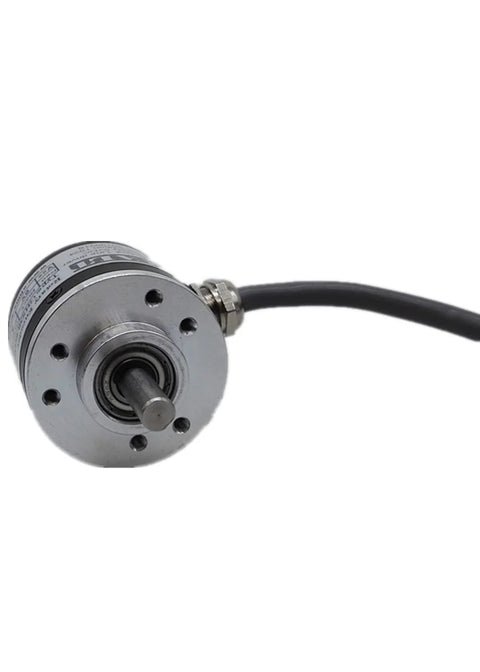 Front view of Rock Solid 2000 PPR Rotary Encoder with 38mm body, 6mm solid shaft, line driver ABZ output, 5V power supply, plug and play ready.