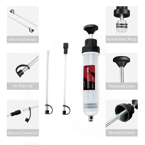 200cc Manual Fluid Extractor Pump For Automotive Oil Changes With Two PVC Suction Tubes reaching up to 40 cm in packaging.
