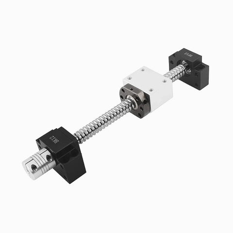 200mm Ball Screw Assembly SFU1605 with 16mm Diameter and 5mm Lead, includes metal ball nut, BK12 and BF12 supports, side view