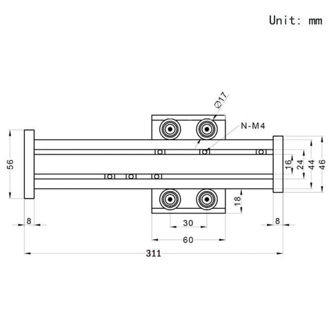 Diagram of 200mm Travel Length Linear Rail Guide Ballscrew SFU1605 with NEMA17 Stepper Motor dimensions and specifications.