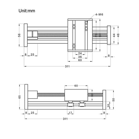 Technical drawing of 200mm Travel Length Linear Rail Guide Ballscrew SFU1605 with NEMA17 Stepper Motor for DIY CNC Router Parts