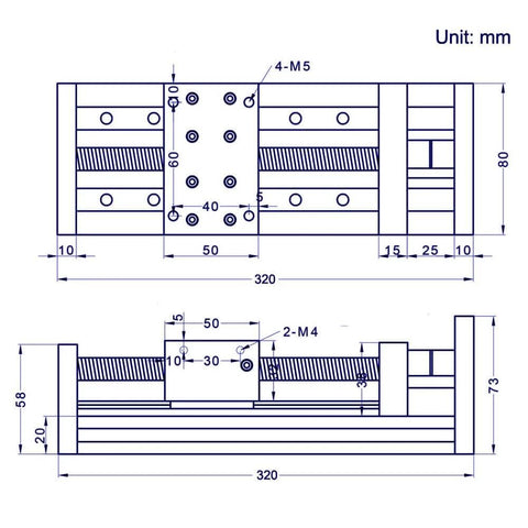 Technical diagram of 200mm Effective Stroke Length Double Linear Rail Guide with Square Linear Rails Ballscrew SFU1605 and Nema 23 Stepper Motor