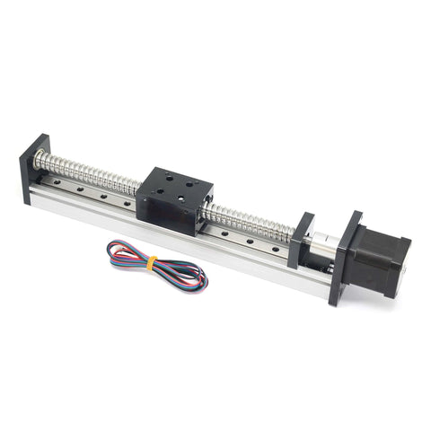 200mm Travel Linear Stage Actuator with SFU1605 Ball Screw and NEMA17 Stepper Motor, square rail for CNC routers, front view