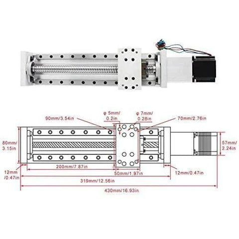 200mm Stroke CNC Linear Stage Motion Actuator with aluminum alloy cross sliding table, SFU1605 ballscrew drive, diagram view