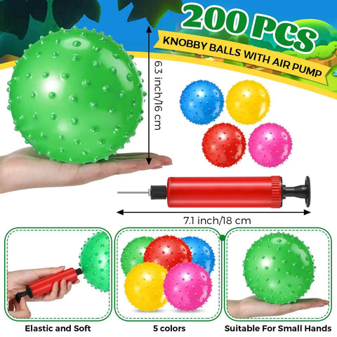 200 Pcs Knobby Balls 6.3 Inch Soft Bouncy Balls Bulk Inflatable Sensory Toys with Air Pump, colorful spiky balls with pump