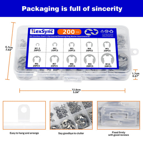 200 Piece Metric E Clips Assortment Kit With 304 Stainless External Retaining Rings M1.5 To M10 in clear plastic case